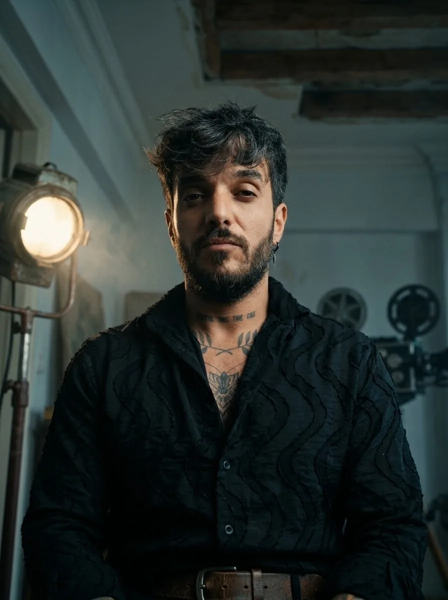 Çağlar Doğan in einem alten Filmstudio, hinter ihm ein Scheinwerfer und ein Projektor